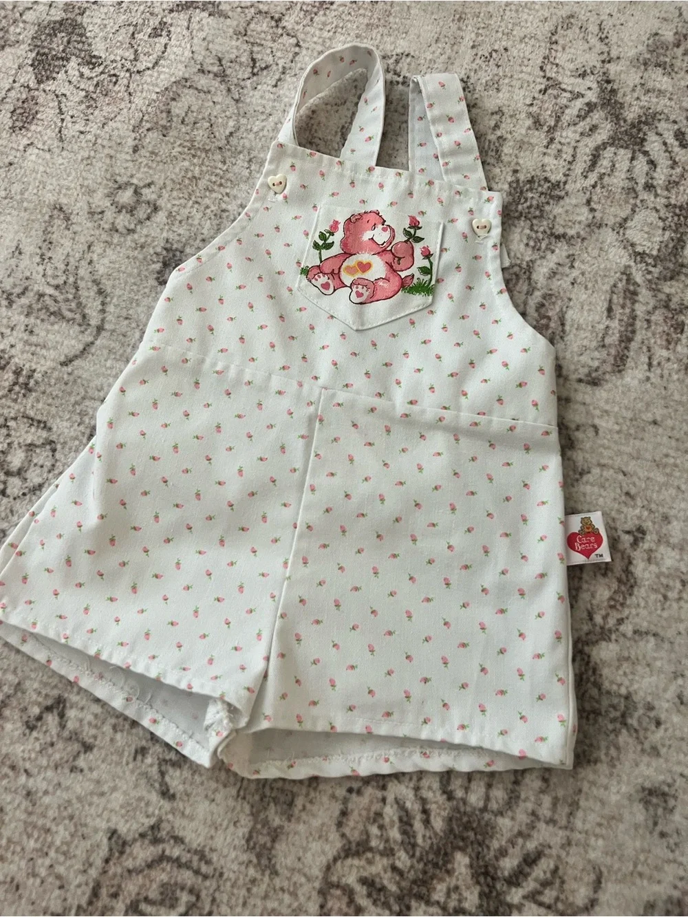 Vintage Care Bears White Overalls with Pink Floral Print and Pink Bear graphic